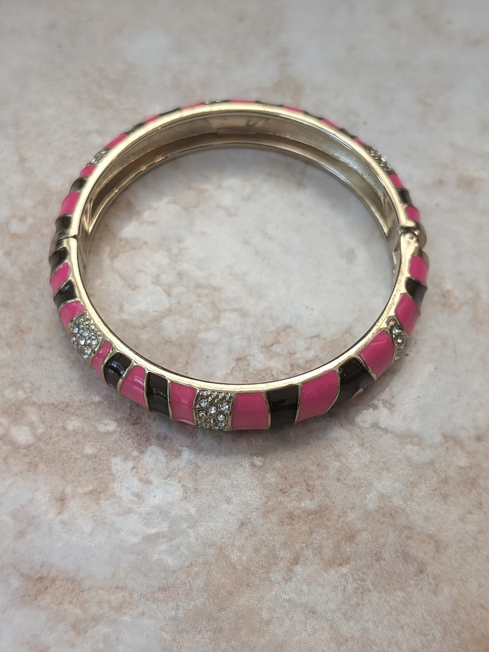 Gold-Tone Pink & Black Enamel Crystal Bangle Bracelet